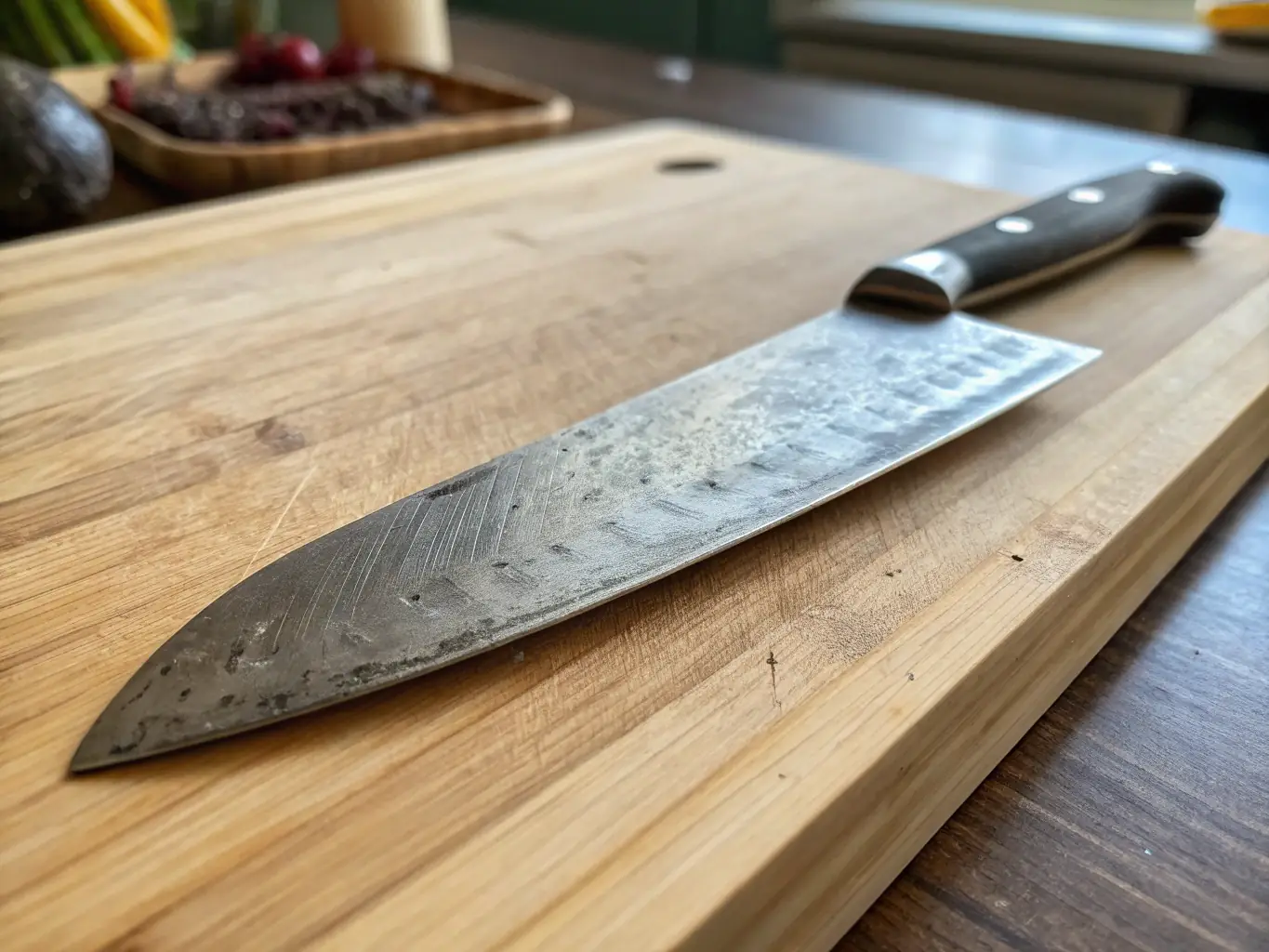 A close-up image of a sharpened kitchen knife on a wooden cutting board, showcasing its sharp edge and clean cut through a tomato.
