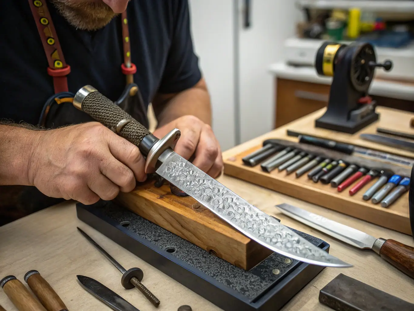 A professional sharpening specialist using a honing steel on a chef's knife in a workshop setting.